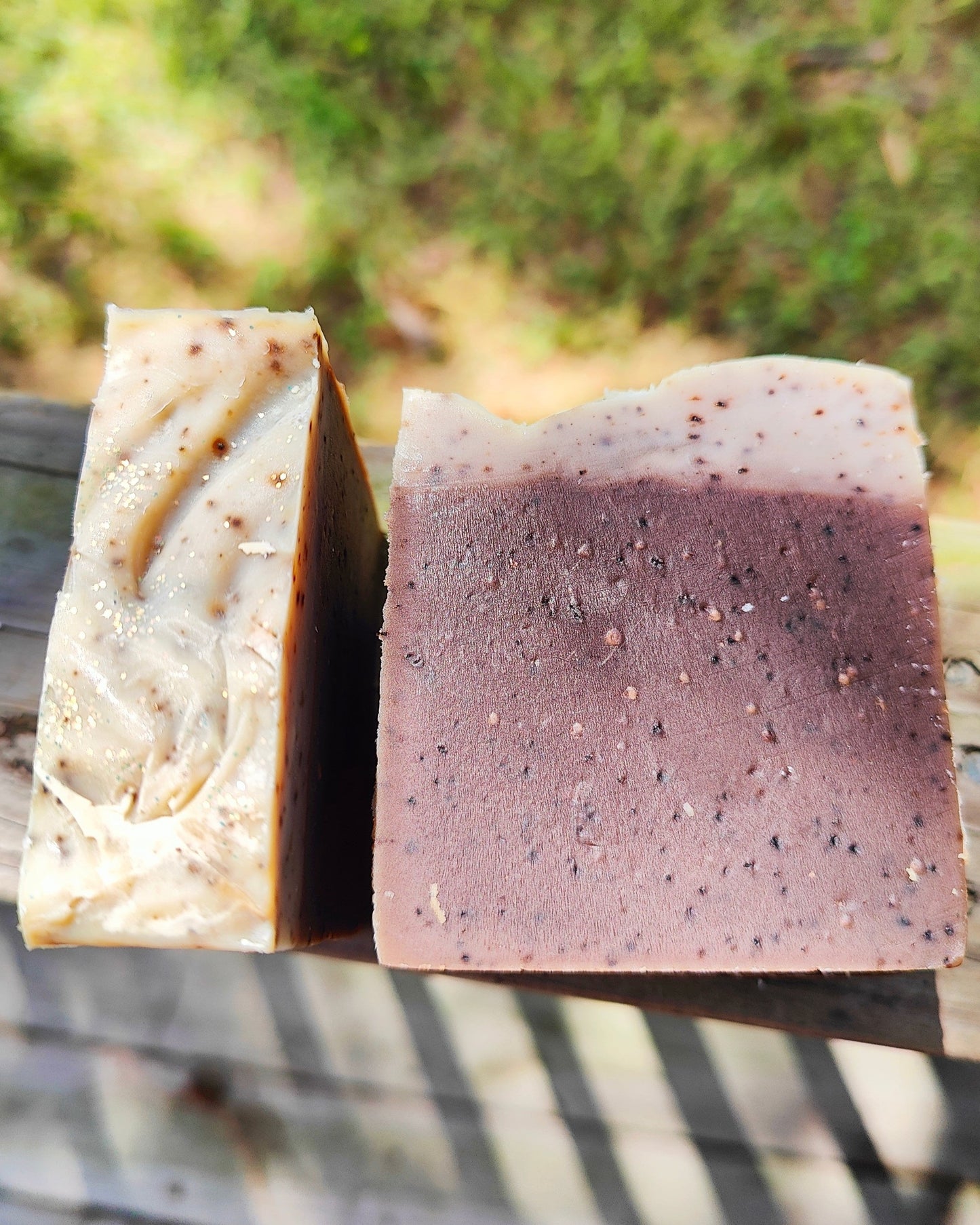 Goat milk soap with coffee showing detail of exfoliation in bar