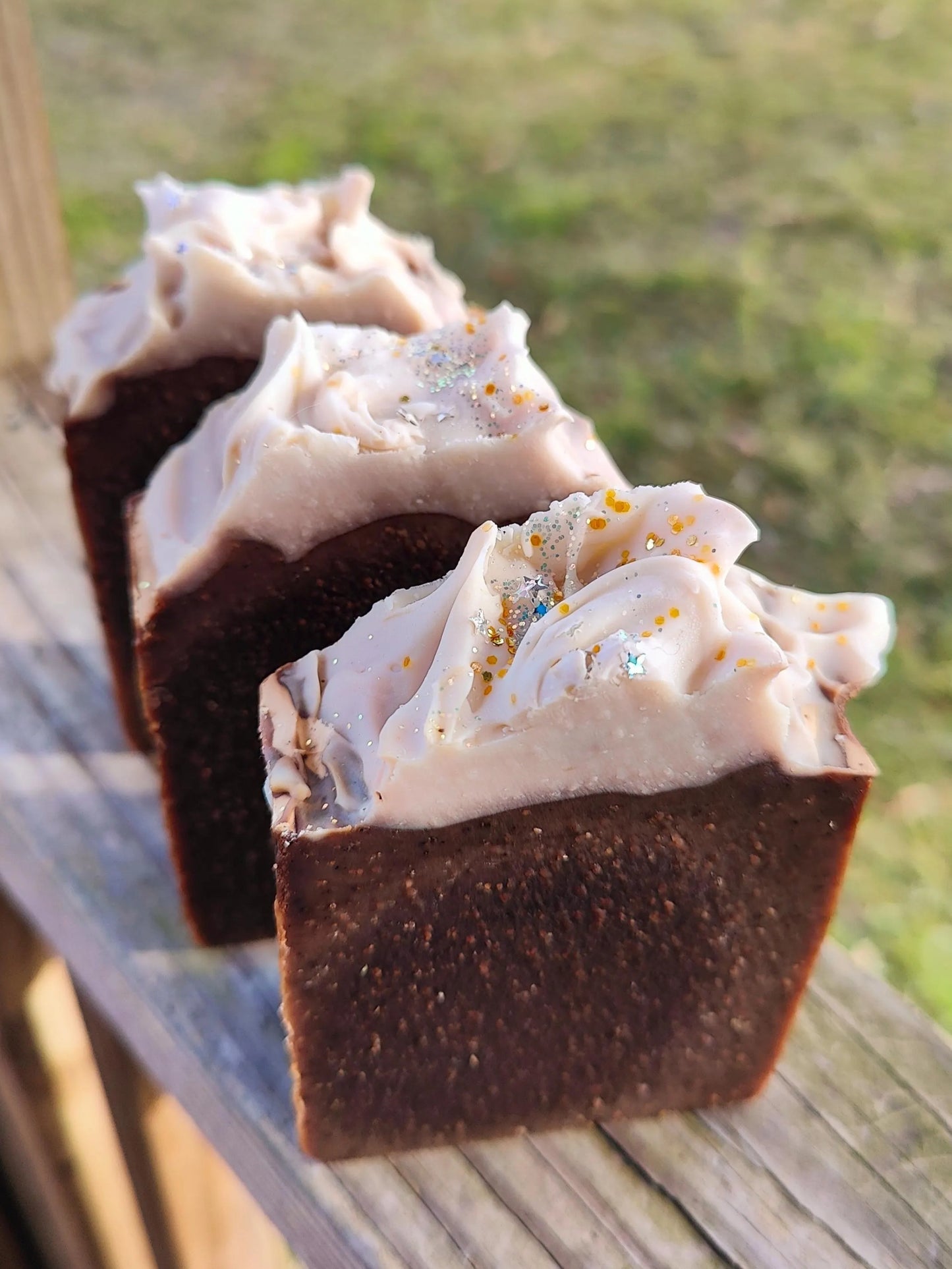 White topped brown vegan soap with eco glitter