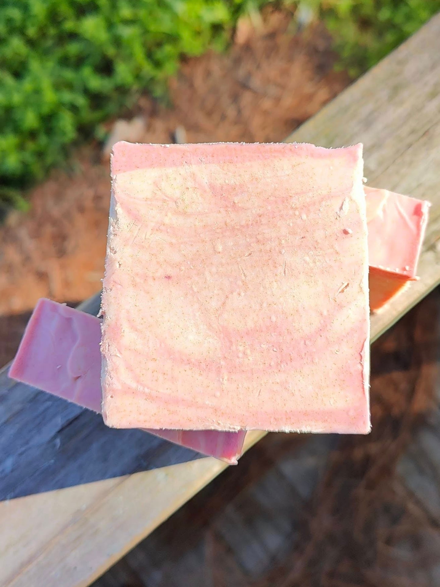 Blackberry Magnolia Goat Milk Tallow Soap Front Showing Pink Mica Color