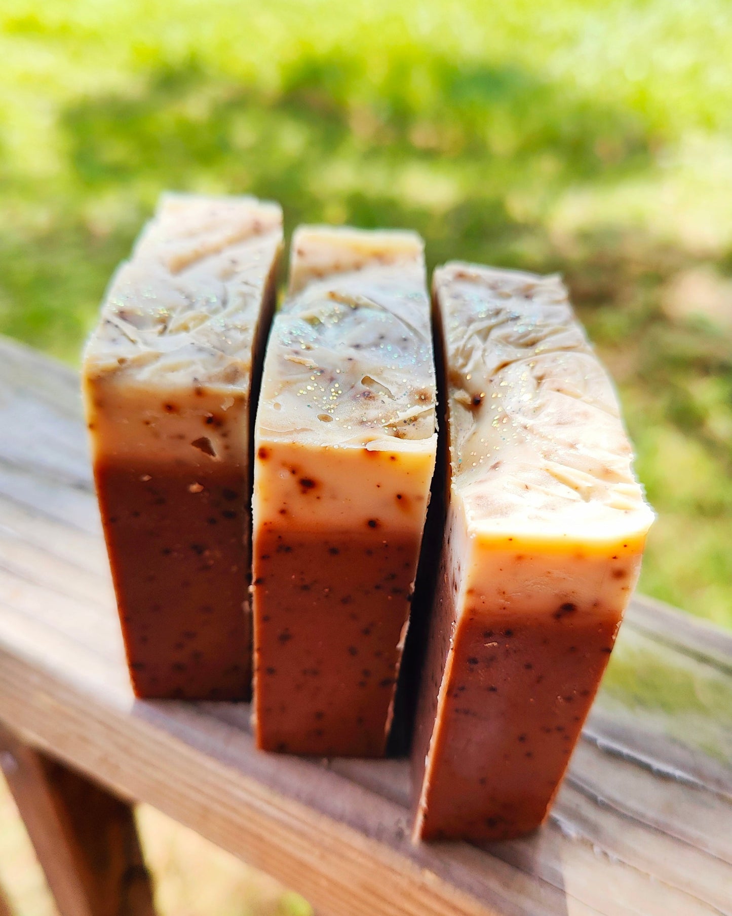 Caramel coffee scented soap collection showing top and side detail