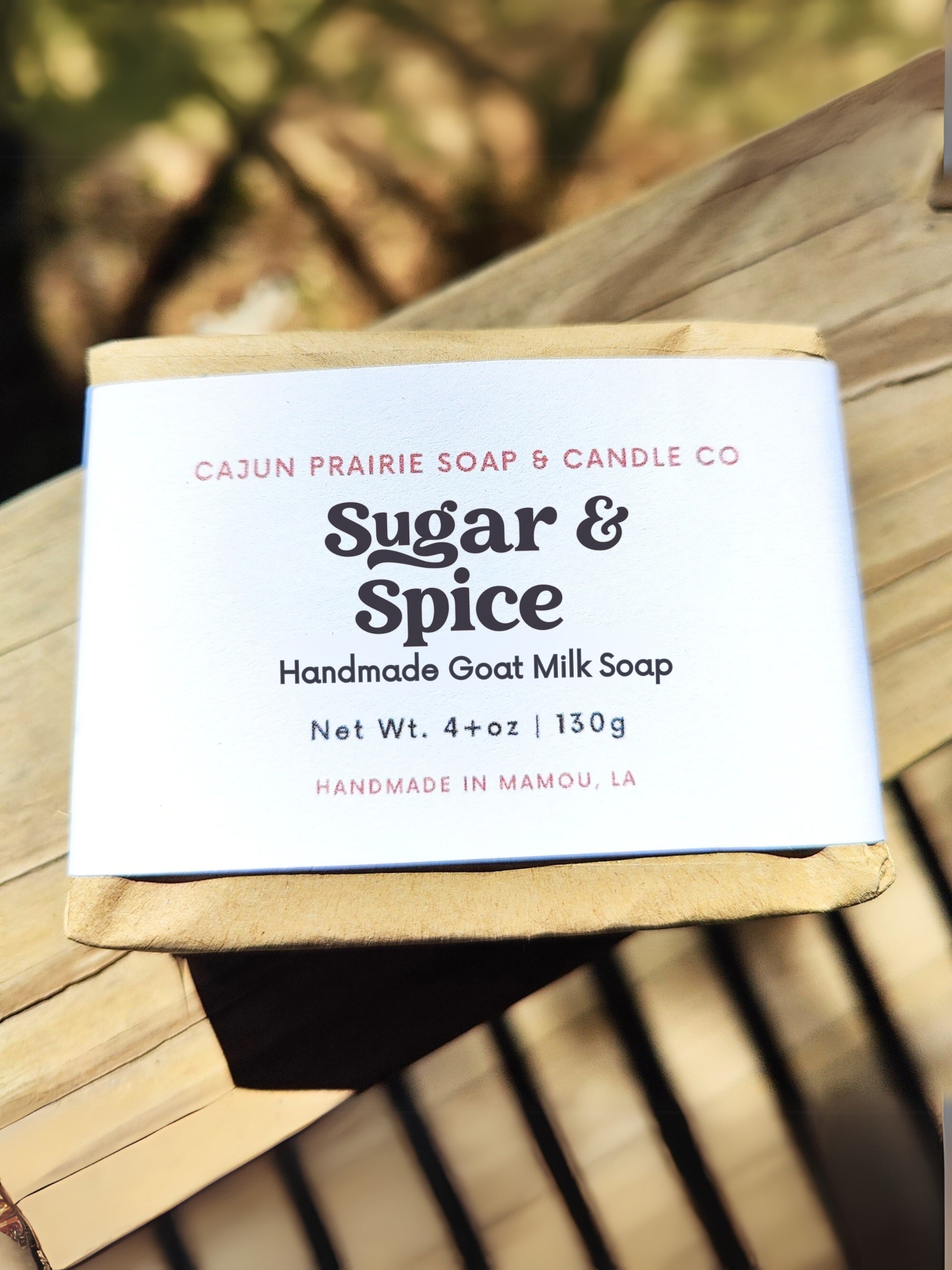 Eco-friendly packaging of handcrafted sugar and spice goat milk soap